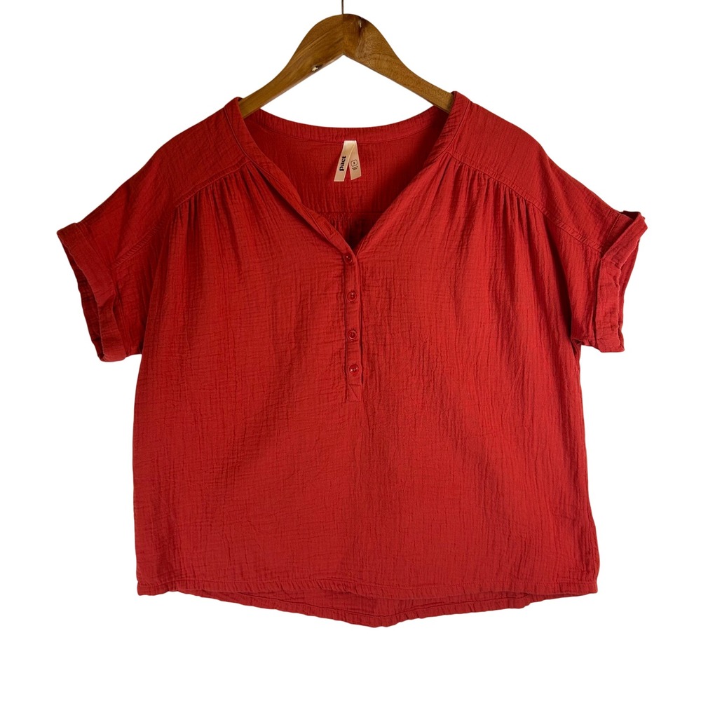 Pact Organic Cotton Gauze Henley Top Red Short Sleeve Relaxed Fit Small